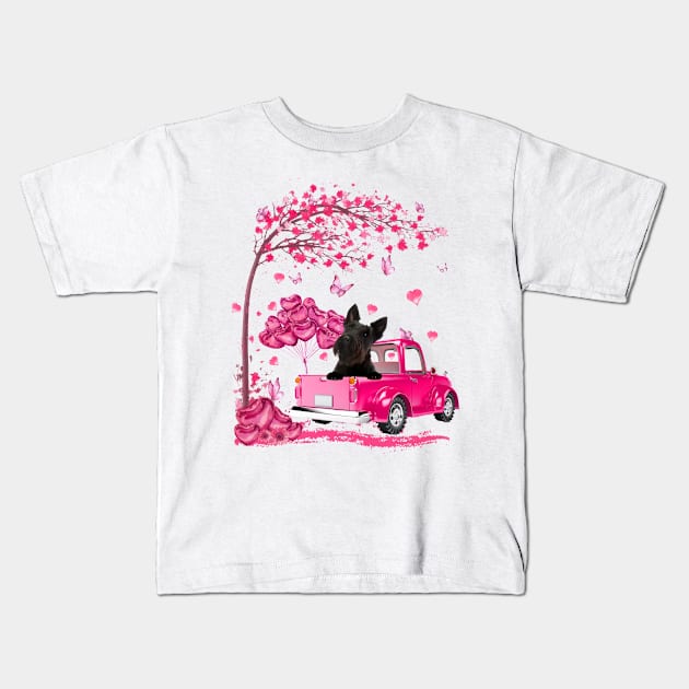 Valentine's Day Love Pickup Truck Scottish Terrier Kids T-Shirt by Vintage White Rose Bouquets